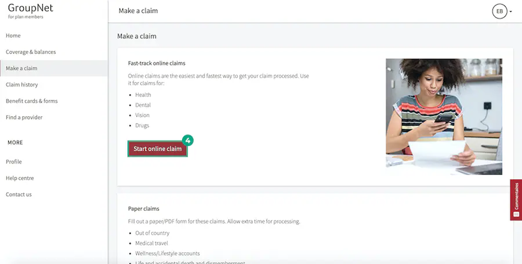 Legacy Hybris claim landing page with the Start online claim action annotated