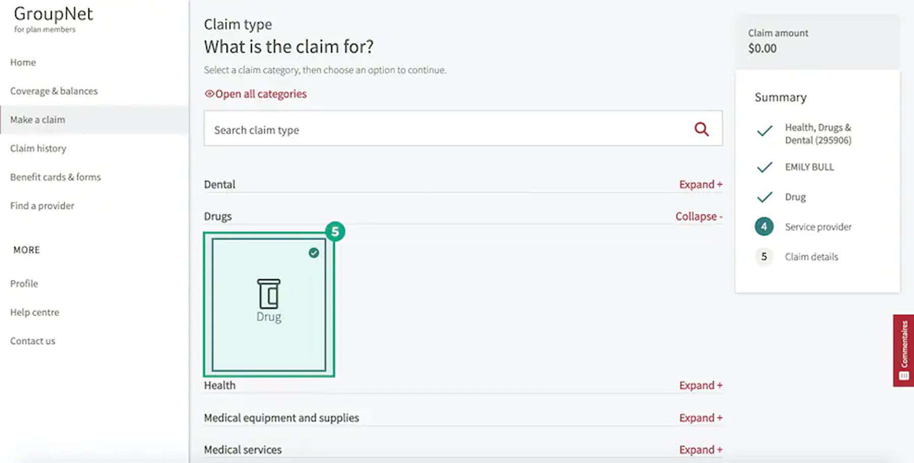 Legacy Hybris page asking members to select a claim type