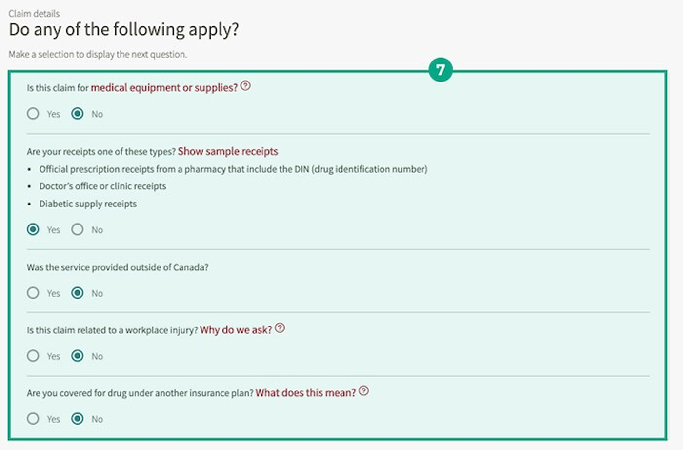 Legacy Hybris form containing a dense set of eligibility questions