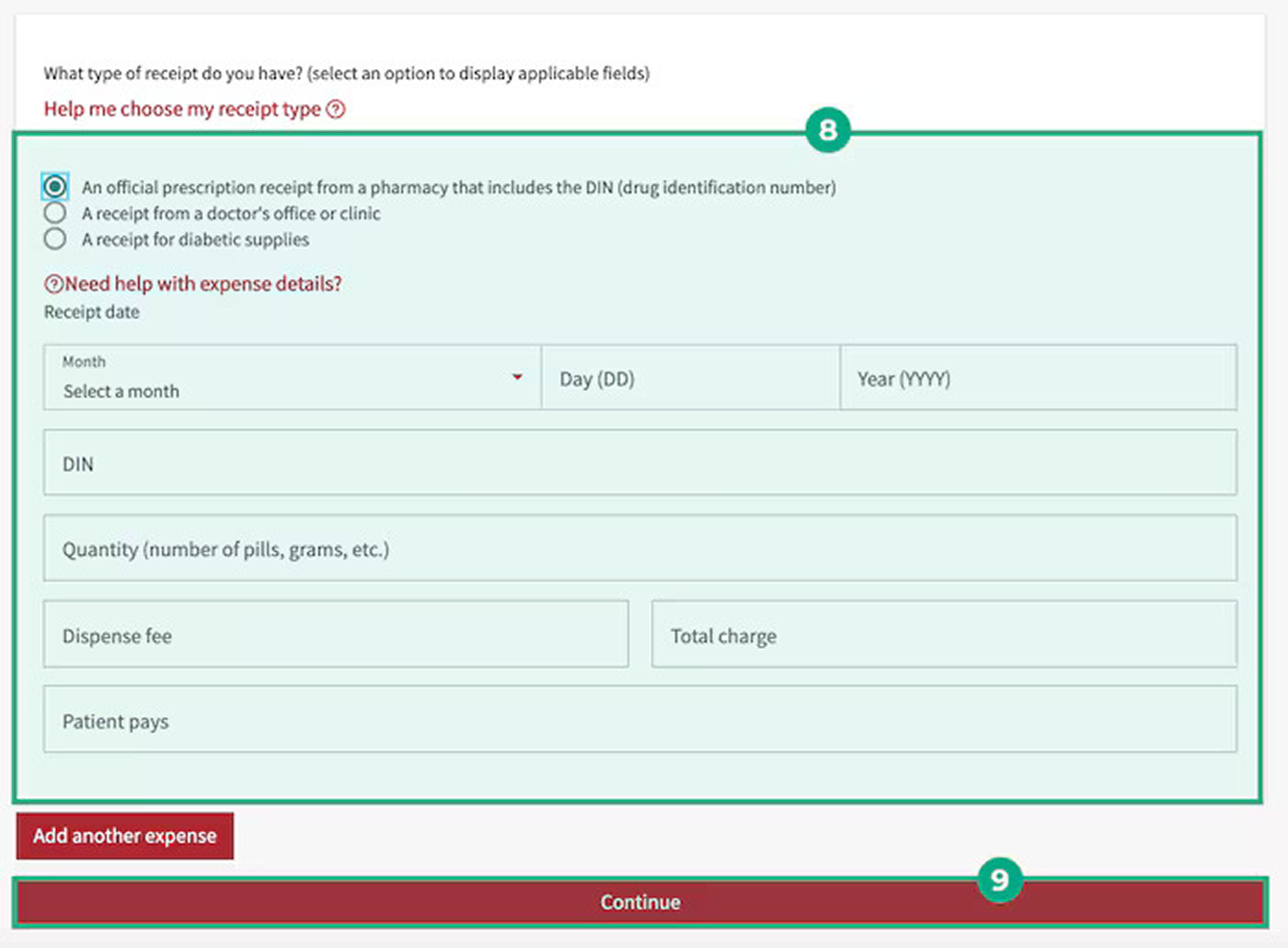 Legacy Hybris form for receipt and expense details
