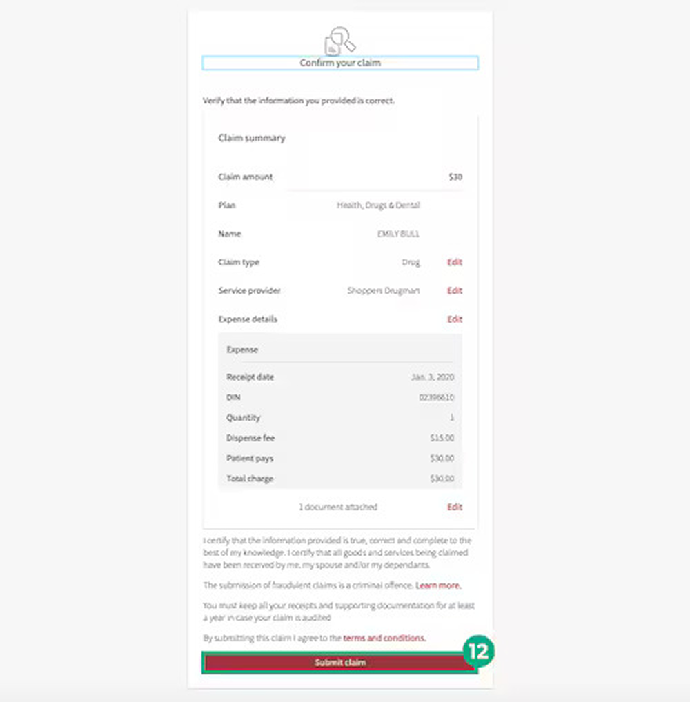 Legacy Hybris confirmation page shown before claim submission